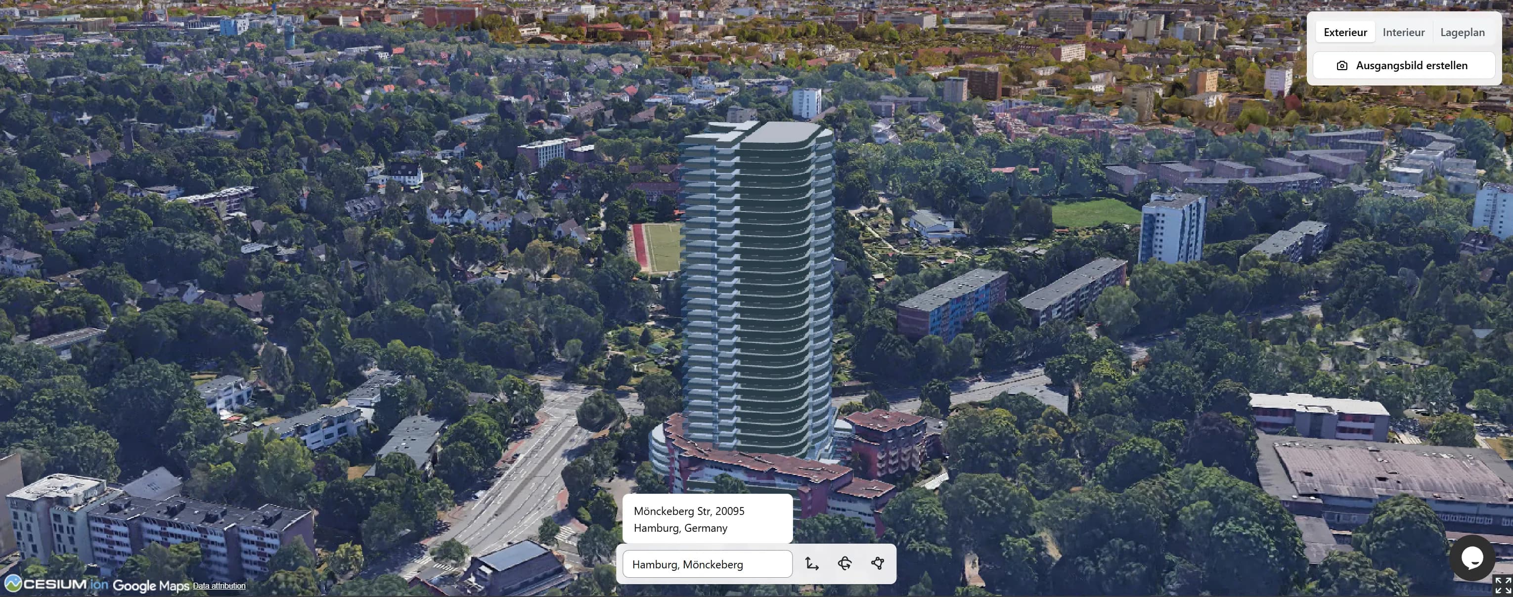 Durch die einfache Adresseingabe springt die Kamera direkt zum realen Bauplatz im 3D-Raum.