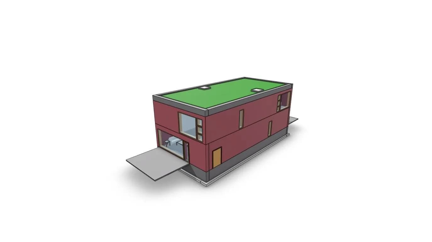 Das Ausgangsmodell, wie es aus dem CAD-Programm exportiert wird: zweigeschossiger Baukörper mit Flachdach und Vordach.