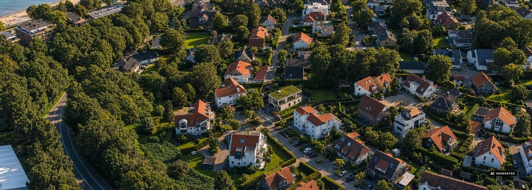 Das fertige KI-Rendering derselben Ansicht in Abendlicht, mit unverändertem Standortkontext.