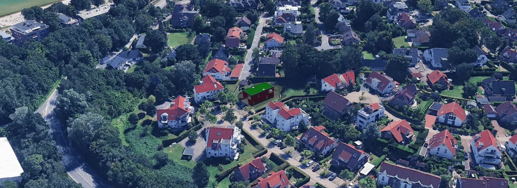 Das Ausgangsbild aus der 3D-Karte: der unbearbeitete Baukörper im Villenviertel, Position und Höhe stehen fest.