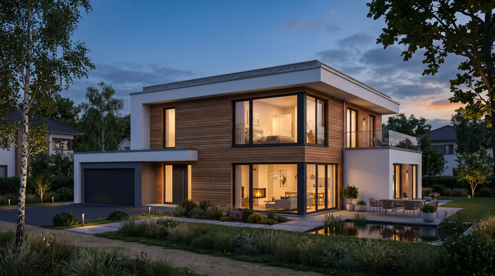 Fotorealistisches Rendering eines modernen Einfamilienhauses zur blauen Stunde — Holzfassade, beleuchtete Fensterfronten, Terrasse am Wasser
