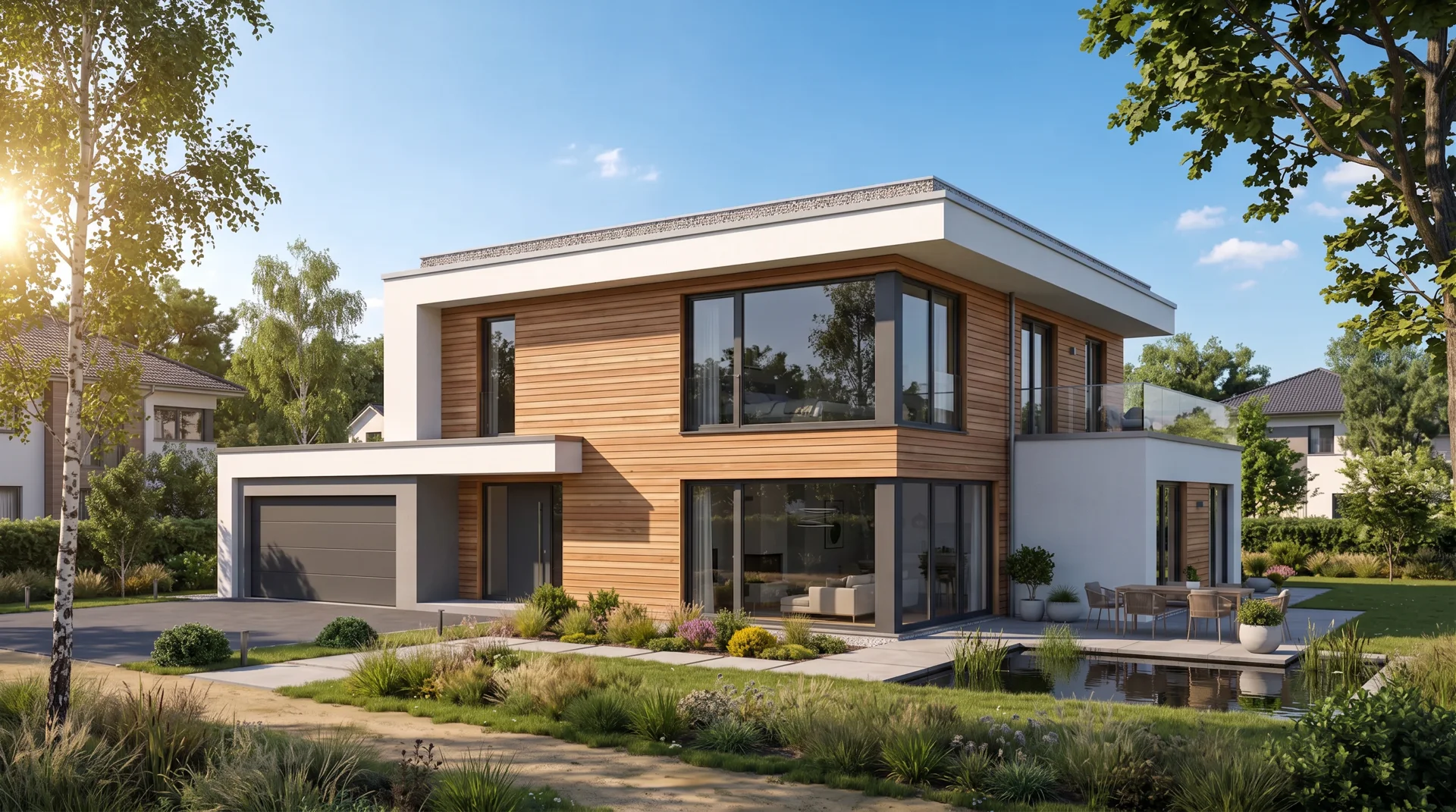 Fotorealistisches Rendering des Hauses im Sonnenlicht — das Startbild der Kamerafahrt